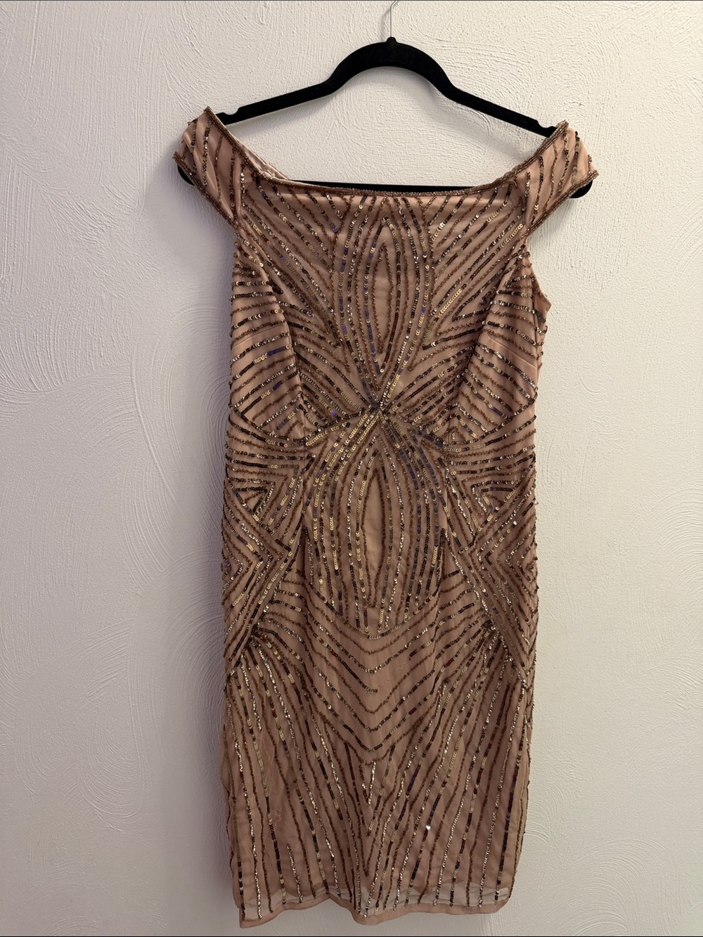 Adrianna Papell Blush Nude Beaded Off-Shoulder Midi Dress
